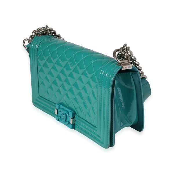 119799 sv Chanel Teal Quilted Patent Leather Plexi Old Medium Boy Bag