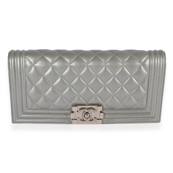 119854 fv Chanel Metallic Silver Quilted Lambskin Boy Clutch