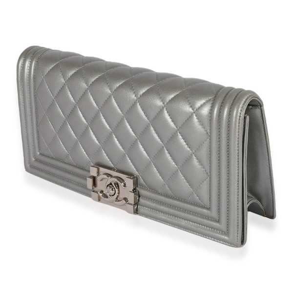 119854 sv Chanel Metallic Silver Quilted Lambskin Boy Clutch