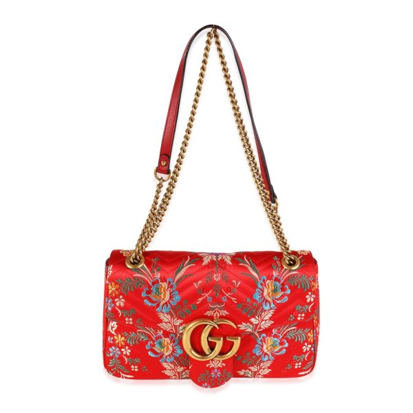 119964 bv Gucci Red Floral Silk Matelass√© Medium Marmont Bag