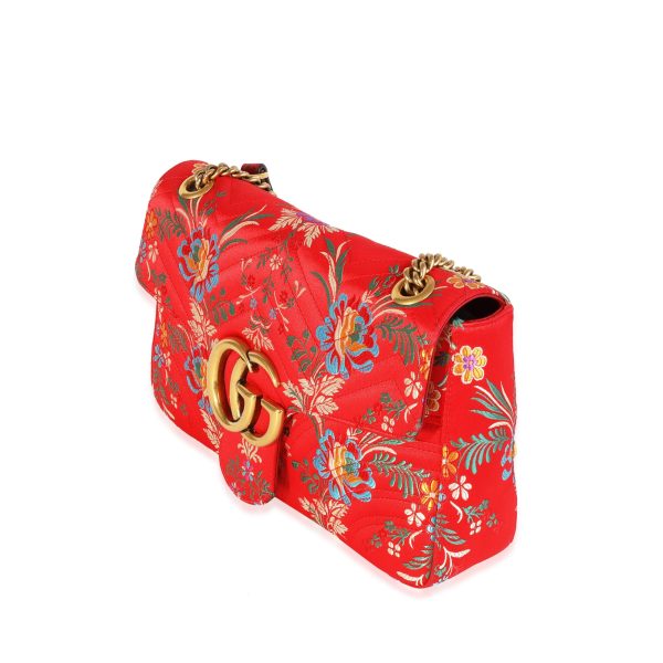 119964 sv Gucci Red Floral Silk Matelass√© Medium Marmont Bag