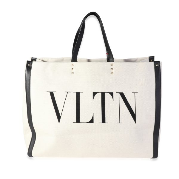 120129 fv Valentino Natural Canvas Black Leather VLTN Large Tote