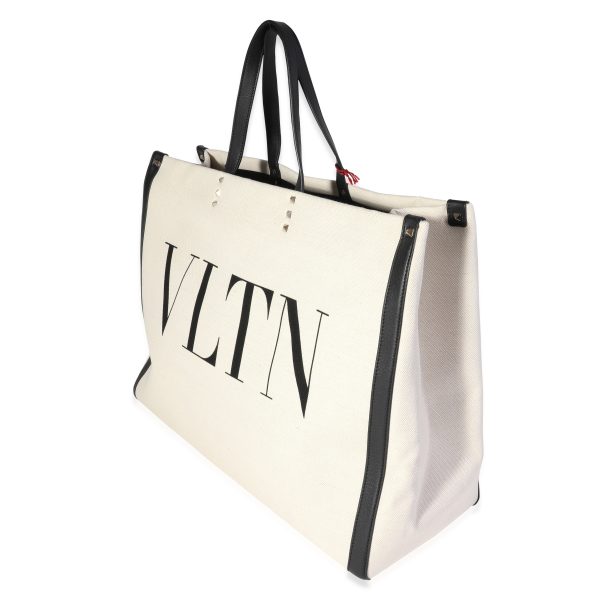 120129 sv Valentino Natural Canvas Black Leather VLTN Large Tote