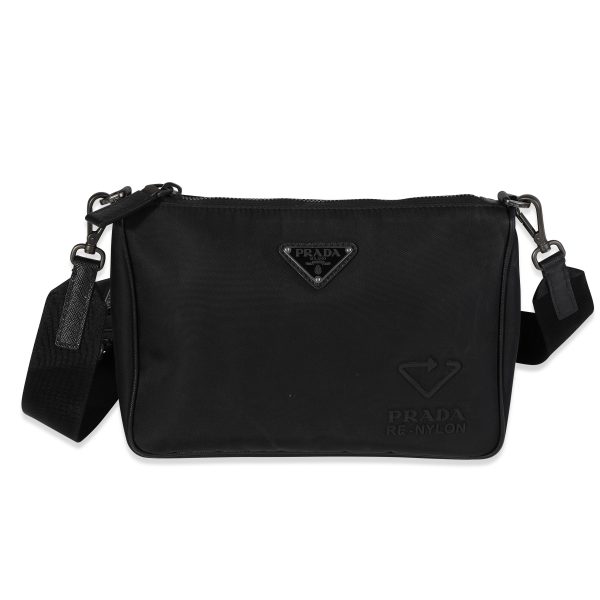 120136 fv Prada Black Re Nylon Saffiano Leather Trim Shoulder Bag