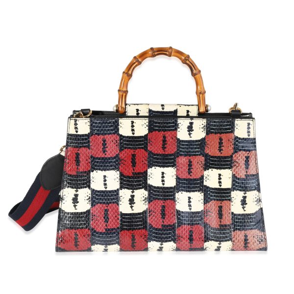 120245 fv 5dfecf61 233a 4621 97a7 5111f0f31b6b Gucci Red White Blue Water Snake Large Nymphaea Bamboo Top Handle Bag