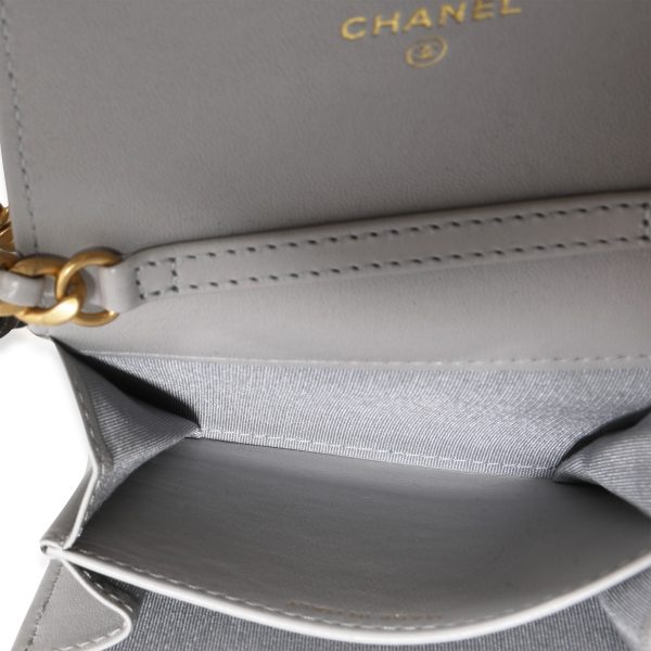 120609 box 25e22d5c 8d91 4cb2 b128 82d5b3b2e002 Chanel Gray Quilted Lambskin Chanel 19 Flap Coin Purse with Chain