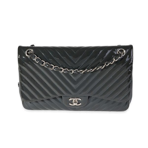 120692 fv Chanel Navy Chevron Quilted Patent Jumbo Classic Double Flap Bag