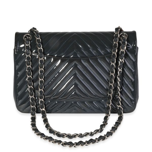 120692 pv Chanel Navy Chevron Quilted Patent Jumbo Classic Double Flap Bag