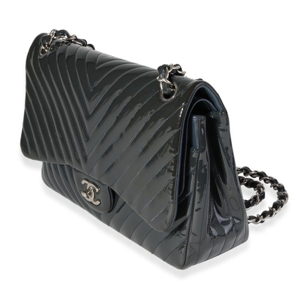 120692 sv Chanel Navy Chevron Quilted Patent Jumbo Classic Double Flap Bag