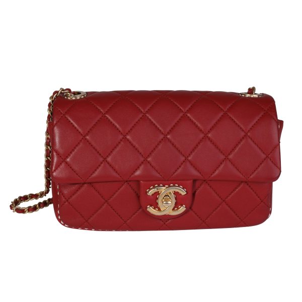 120693 fv Chanel Red Quilted Lambskin Small Stitched Single Flap Bag