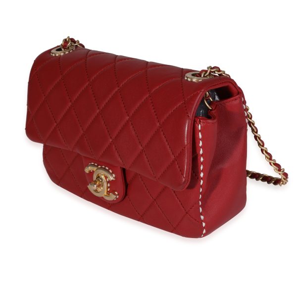 120693 sv Chanel Red Quilted Lambskin Small Stitched Single Flap Bag