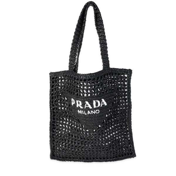 120723 fv Prada Black White Logo Raffia Tote