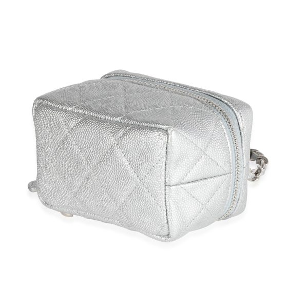 120755 box Chanel Silver Metallic Quilted Caviar Mini Vanity Bag With Chain