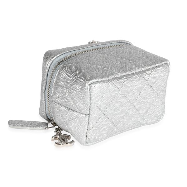 120755 clasp Chanel Silver Metallic Quilted Caviar Mini Vanity Bag With Chain