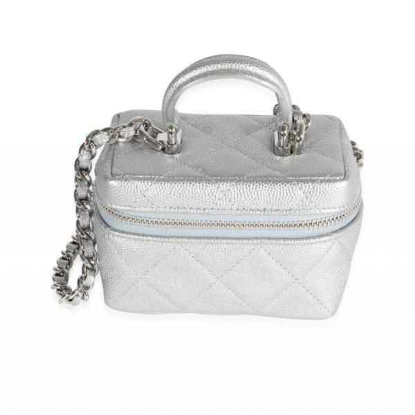 120755 fv Chanel Silver Metallic Quilted Caviar Mini Vanity Bag With Chain