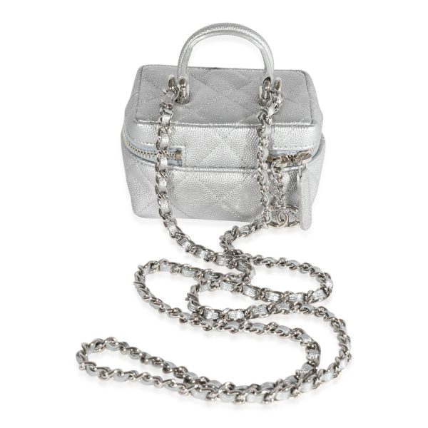 120755 pv Chanel Silver Metallic Quilted Caviar Mini Vanity Bag With Chain