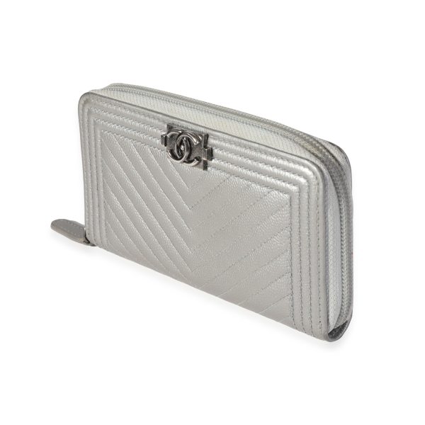 120834 sv d6d980e3 8d78 4f5c 828a 13542f158e45 Chanel Silver Chevron Quilted Zip Around Boy Wallet