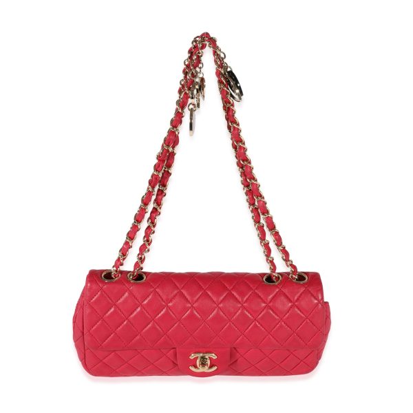 120896 stamp Chanel Red Quilted Lambskin Valentines Day East West Single Flap Bag