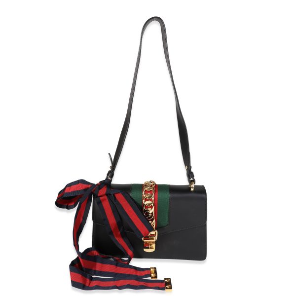 121116 sv Gucci Black Smooth Leather Web Small Sylvie Shoulder Bag