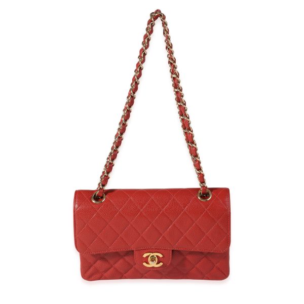 121141 bv Chanel Red Quilted Caviar Small Classic Double Flap Bag