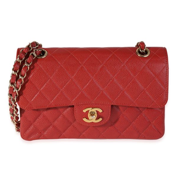 121141 fv Chanel Red Quilted Caviar Small Classic Double Flap Bag