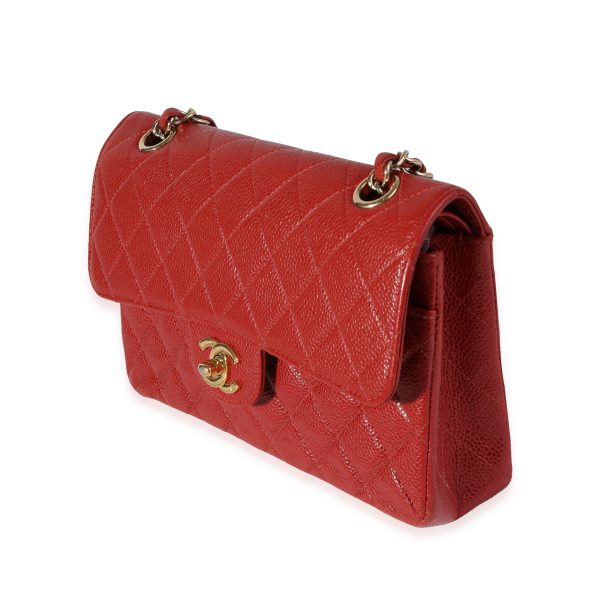 121141 sv Chanel Red Quilted Caviar Small Classic Double Flap Bag