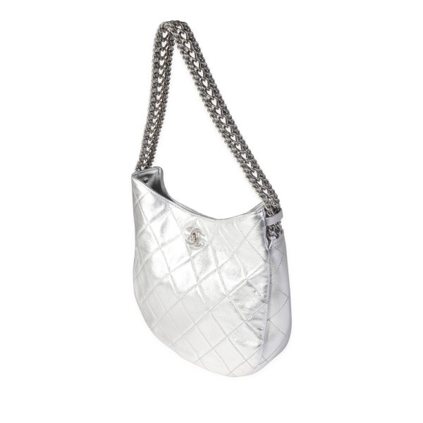 121159 sv Chanel Silver Quilted Lambskin Chain Hobo