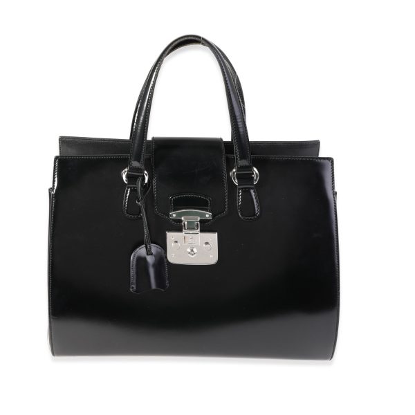 121320 fv Gucci Black Smooth Leather Lady Lock Tote