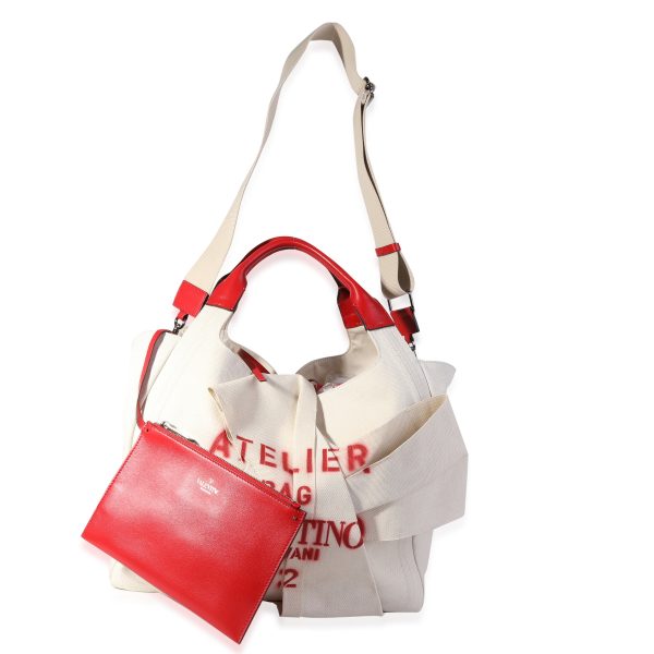 121552 ad1 Valentino Natural Canvas Red Leather Atelier Bow 02 Canvas Tote