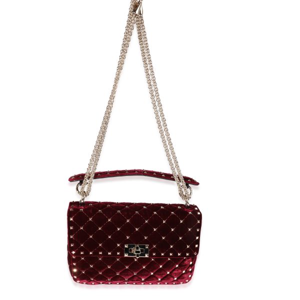 121553 bv Valentino Burgundy Velvet Rockstud Spike Medium Shoulder Bag