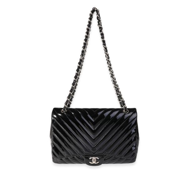 121674 bv eef060a1 4844 4524 9e18 57db468d3cf6 Chanel Black Chevron Quilted Patent Leather Jumbo Classic Single Flap Bag