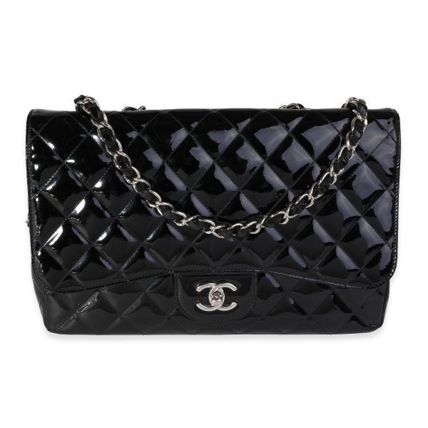 121675 fv Chanel Black Quilted Patent Leather Jumbo Classic Single Flap Bag