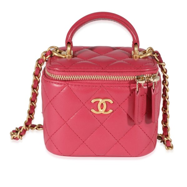 121720 fv Chanel Raspberry Quilted Lambskin Mini Vanity Case with Chain