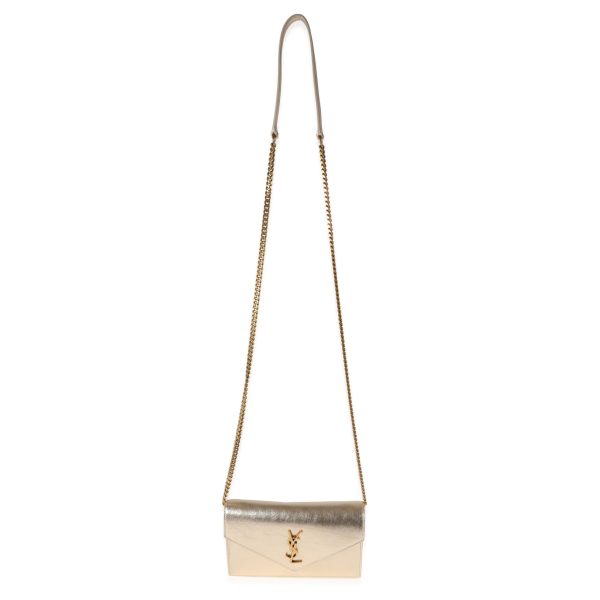 121725 av Saint Laurent Gold Metallized Leather Cassandre Envelope Chain Wallet