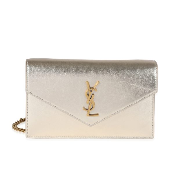 121725 fv Saint Laurent Gold Metallized Leather Cassandre Envelope Chain Wallet