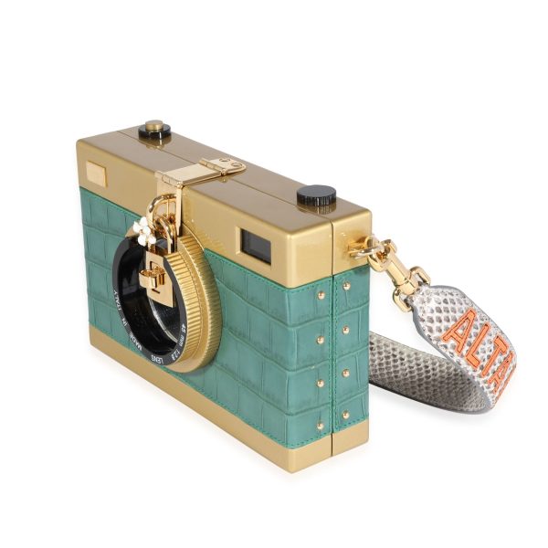 121821 sv Dolce Gabbana Green Embossed Gold Resin Camera Case Bag