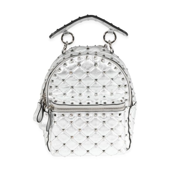 121826 fv cfb86570 e522 422a 9a0a 2e9578b09756 Valentino Metallic Silver Leather Rockstud Spike Mini Backpack