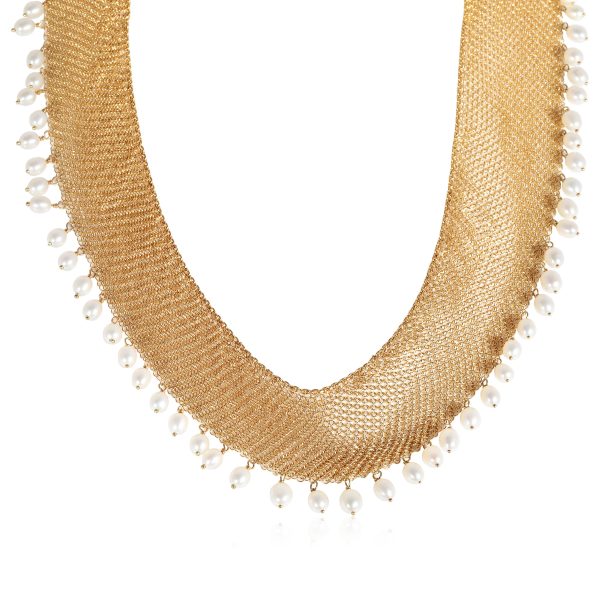 121829 fv fe457385 a21f 4b4b a0a1 123b323a6ab0 Tiffany Co Elsa Peretti Pearl Mesh Collar Necklace in 18k Yellow Gold