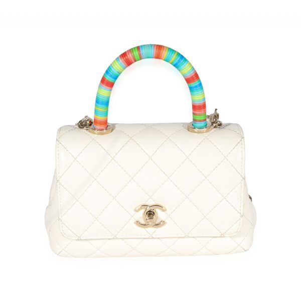 121955 fv Chanel White Quilted Goatskin Extra Mini Rainbow Coco Top Handle Flap Bag