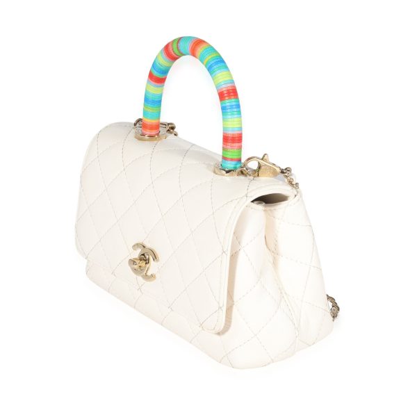 121955 sv Chanel White Quilted Goatskin Extra Mini Rainbow Coco Top Handle Flap Bag