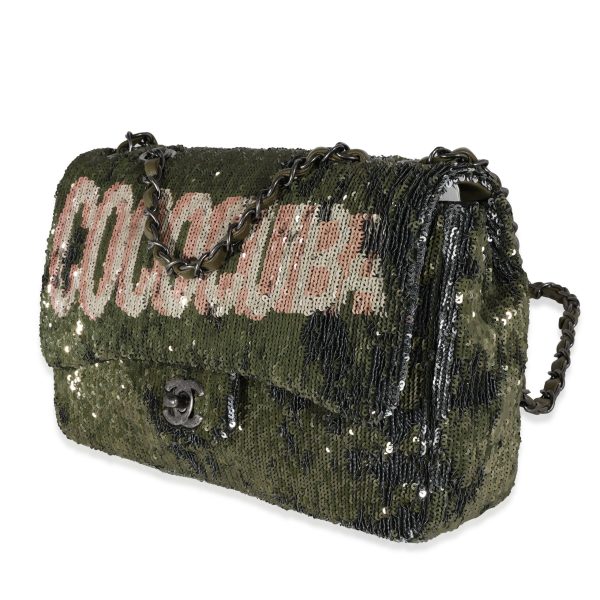 122106 sv Chanel Olive Green Sequin Coco Cuba Single Flap Bag