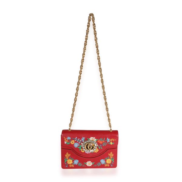 122126 bv Gucci Red Leather Linea Ricami Floral Embroidered Bag