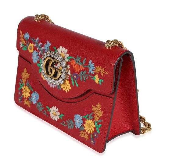 122126 sv Gucci Red Leather Linea Ricami Floral Embroidered Bag