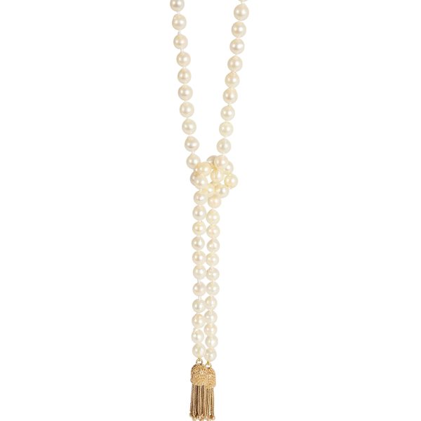 122252 fv Fresh Water Pearl Tassel Ended Necklace in 14k Yellow Gold