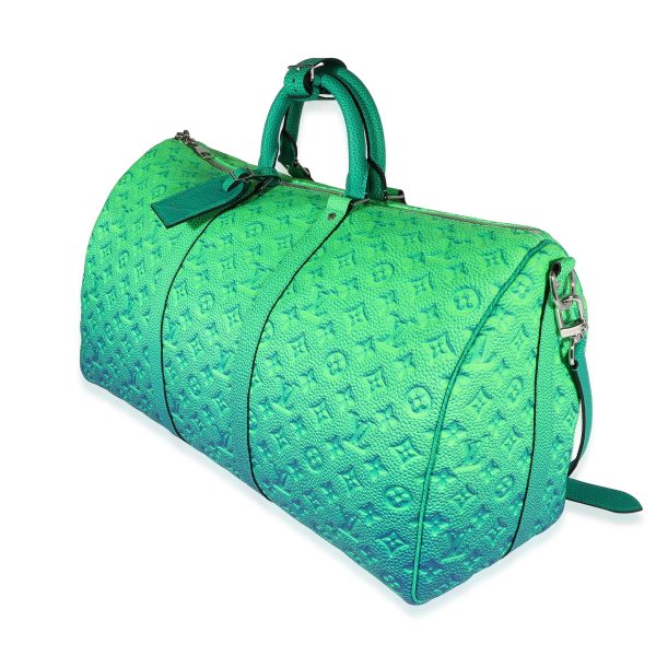 122256 sv Louis Vuitton Blue Green Monogram Taurillon Illusion Keepall Bandoulière 50