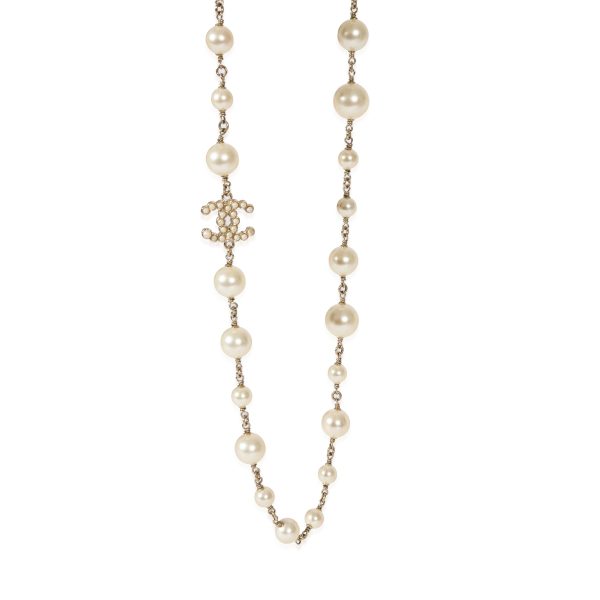 122311 fv Chanel Gold Tone Karl Lagerfeld Long Pearl Necklace