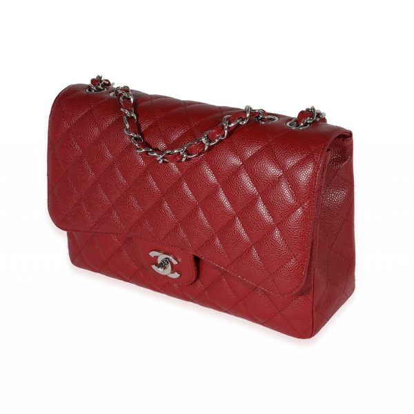 122321 sv Chanel Red Quilted Caviar Jumbo Classic Single Flap Bag