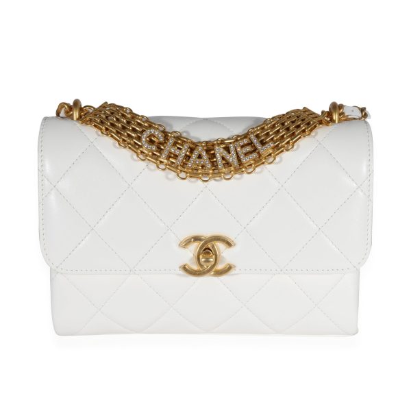 122389 fv Chanel White Quilted Lambskin Crystal Logo Chain Flap Bag