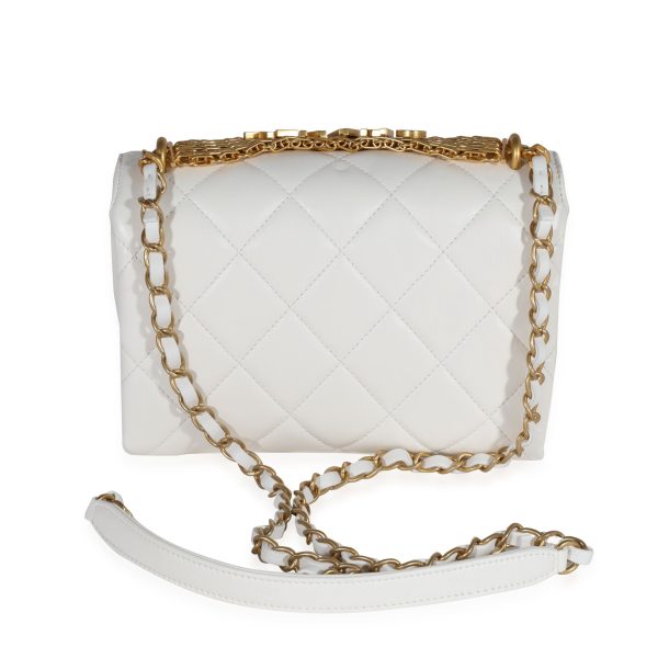 122389 pv Chanel White Quilted Lambskin Crystal Logo Chain Flap Bag