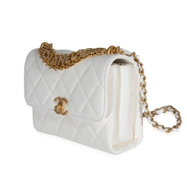 122389 sv Chanel White Quilted Lambskin Crystal Logo Chain Flap Bag